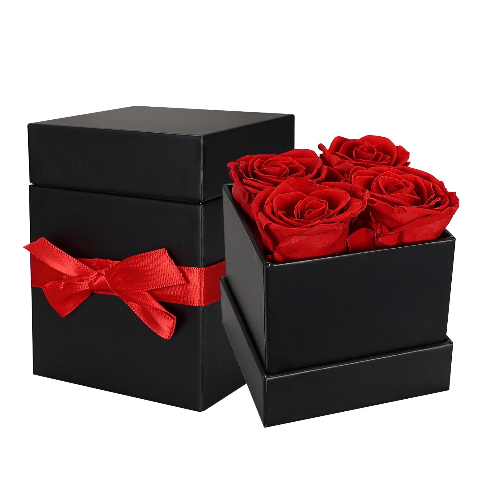 Liuzouwin Preserved Red Roses Gift Box, 4 Roses in Black Box with Bow, Forever Flowers for Birthday, Valentine's Day Mothe...