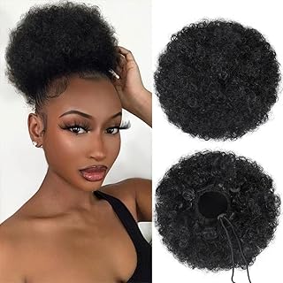 Afro Puff Ponytail Extension Synthetic Black 80 Grams Afro Puff Drawstring Clip on Kinky Curly Bun for Black Women(1B Black)