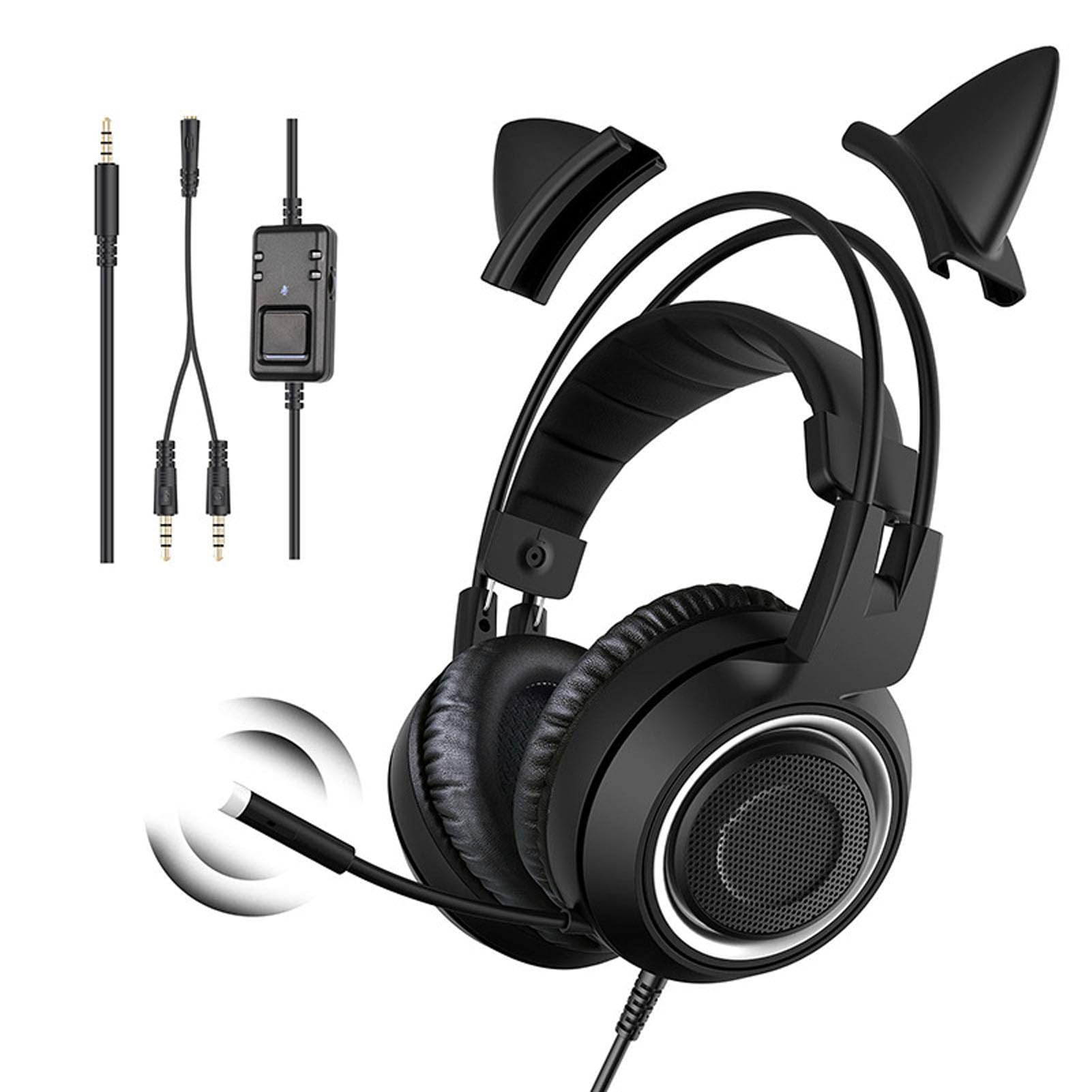 SENECESLI Gamingowy Zestaw Słuchawkowy z Uroczymi Kocimi Uszami, Stereo, z redukcją Szumów, z Mikrofonem, dla Dziewczynek, do Telefonu PC, Gniazdo 3,5 Mm (BLACK)