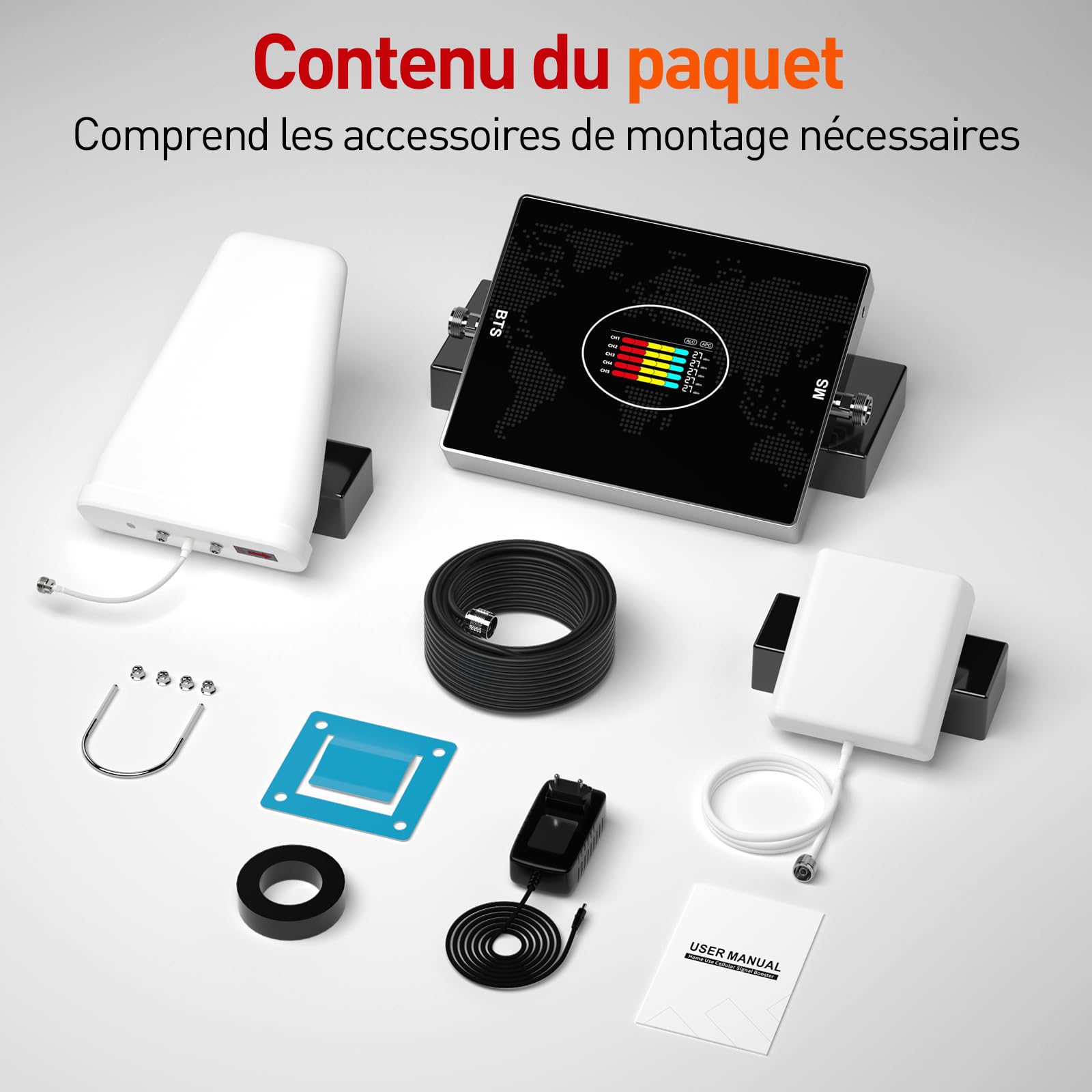Amplificateur 5G 4G 3G GSM 5 Bandes 28/8/3/1/7 Amplificateur GSM pour Le Bureaux à Domicile 70dB Gain Répéteur de Signal Compatible Bouygues, Free, Orange, SFR