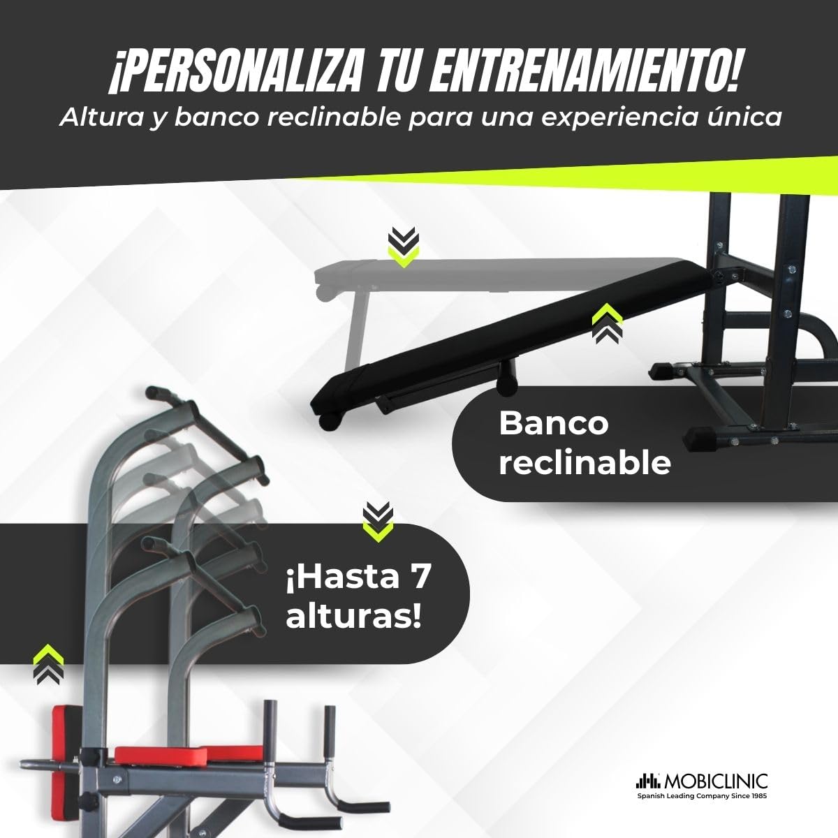 Mobiclinic® Fitness, Estación de musculación, 9 en 1, Plegable, Domifit, Ajustable 7 Alturas, Barra dominadas, Banco reclinable, Soporte para Barras, Multifunción, Antideslizante, Acolchada
