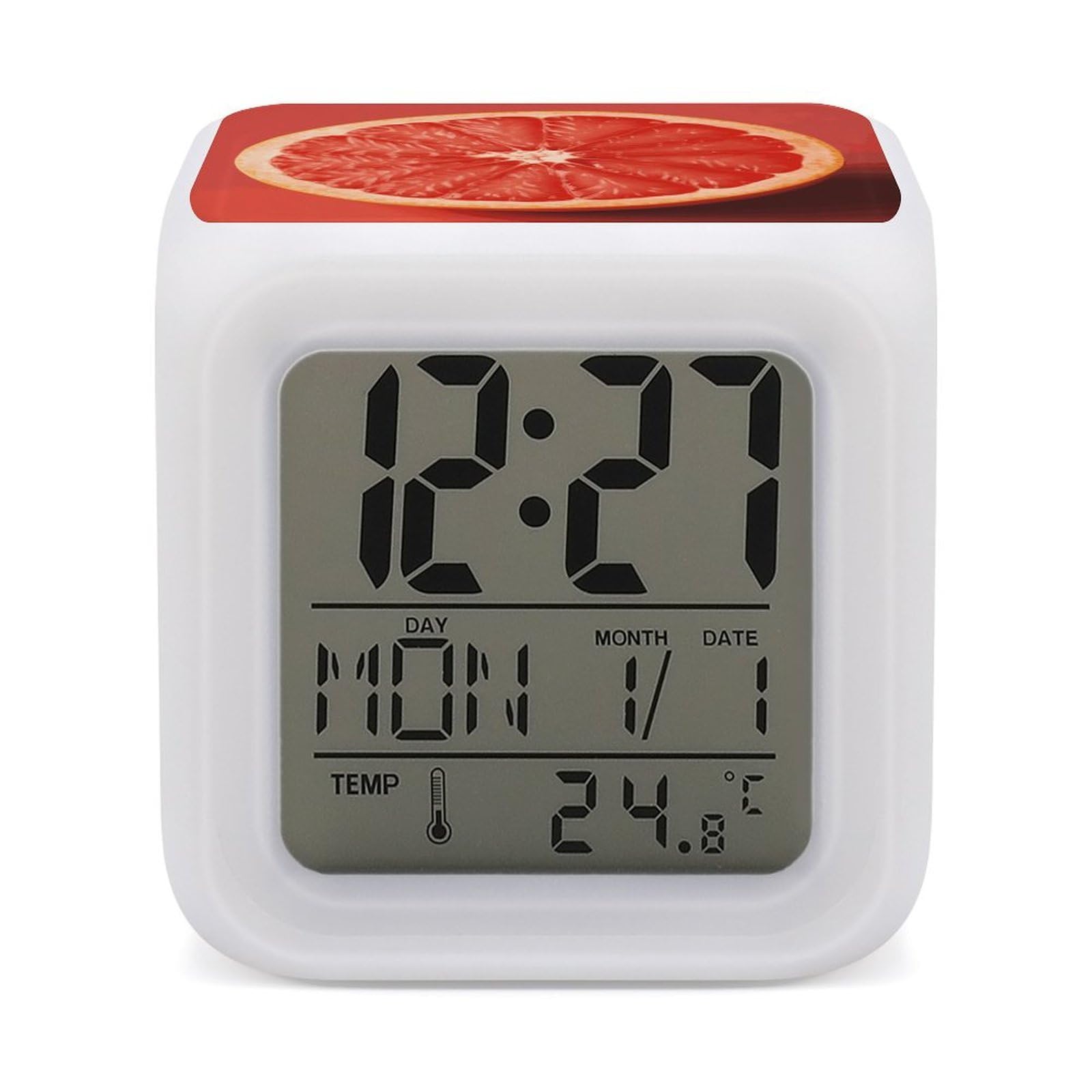 DWVTSLH Pink Ripe Grapefruit Slice Alarm Clock with 7 Color Changing Night Light, Wake Up Digital Clock for Bedroom, Bedside Cube Clock with Date, Temperature, Battery Operated Desk Clock Gift