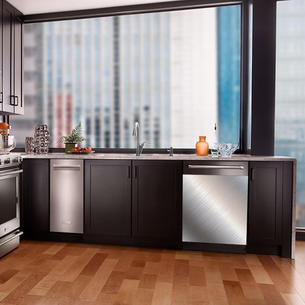 Stainless Steel Dishwasher Magnet Cover, Brushed Silver White Magnetic Dishwasher Cover Front Door Panel Decal, Refrigerator Sticker Cover Home Kitchen Decoration, 23" X26”