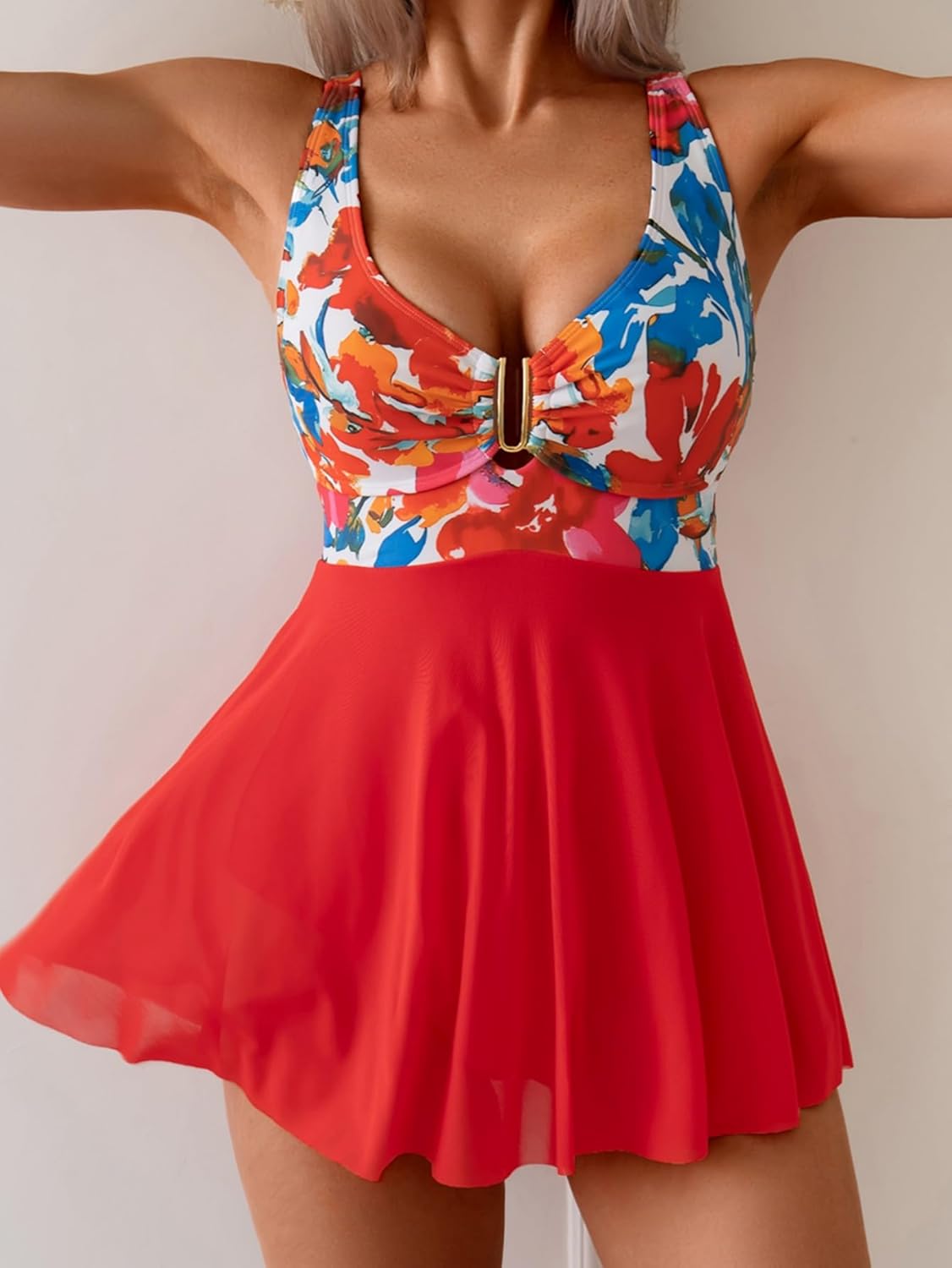 B2prity Women's One Piece Swim Dress Swimsuit Tummy Control V Neck Swimdress Mesh Bathing Suit Skirt U Ring Swimwear - Image 4