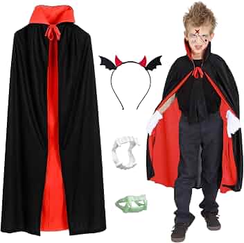 Déguisement Vampire Enfant 4 Pièces - Cape Double Face, Dents, Collier, Tatouage - Pour Halloween Et Fêtes Déguisées - 4