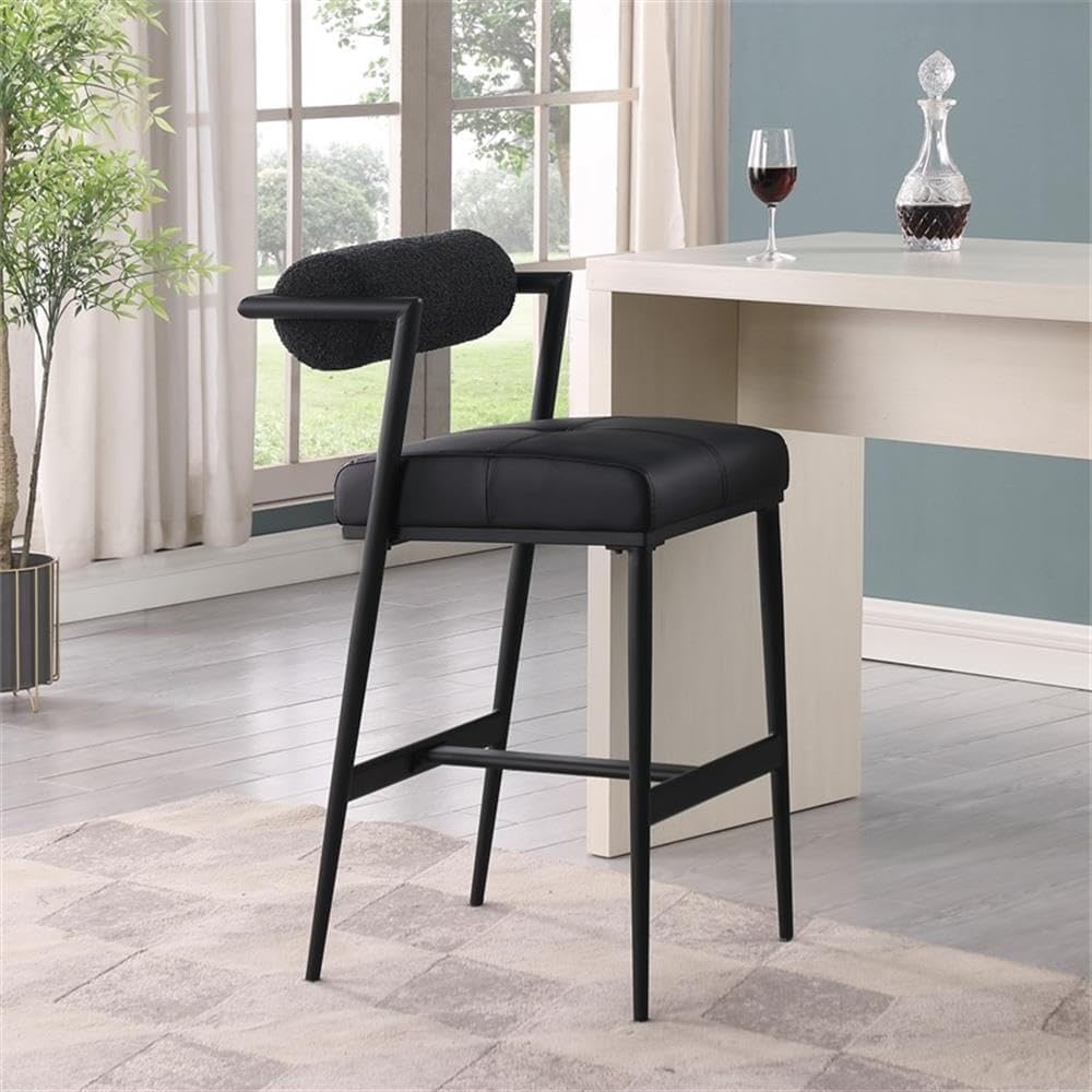 Pemberly Row Black Boucle Fabric/Vegan Leather Bar Stool, 18.5" W x 25" D x 41" H, Matte Black Iron Frame, Set of 2, Contemporary Design for Kitchen Counter or Home Bar Seating
