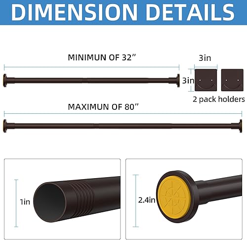 Vista 12 de Barra de cortina de ducha negra mate, varillas de tensión de resorte ajustable de acero inoxidable de 1 pulgada de diámetro, 32 a 80 pulgadas