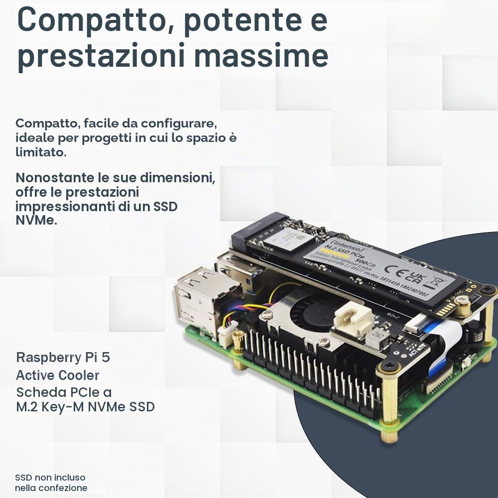 Raspberry Pi 5 8GB PCIe M.2 NVMe - Kit | Alloggiamento in metallo | Cooler attivo | Scheda M.2 NVMe SSD PCIe | Alimentatore USB-C 27W | Ultra 64GB | Cavo Micro HDMI 4K | Ideale per Home