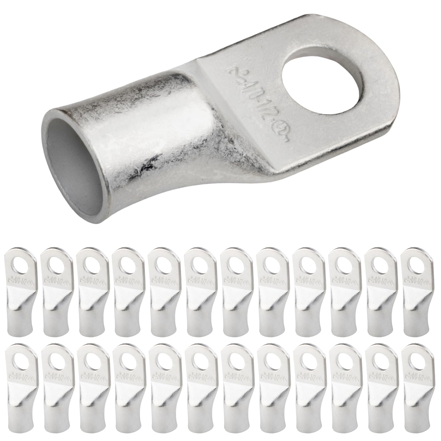 SELTERM 4/0 AWG (95 mm²) - 1/2" (M12) ⌀ Hole UL Marine Grade Wire Lugs, Battery Cable Ends, Tinned Copper Eyelets, Tubular Ring Terminal Connectors [B96] - 25 Pack