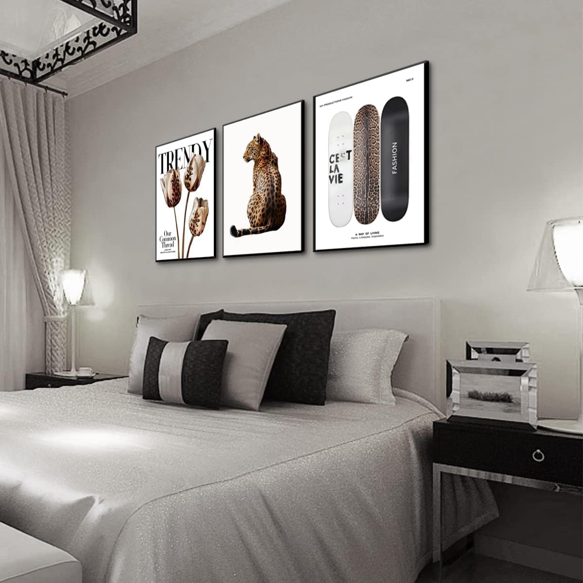 3Pcs Trendy Leopard Print Canvas Wall Art, Picture Stylish Female Aesthetic Poster Cheetah Printed Preppy Fashion Skateboard Wall Decor for Bedroom Apartment Dorm Living Room 12x16in Unframed poster