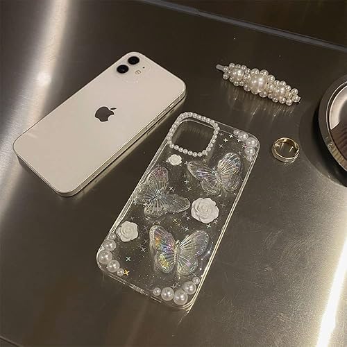 Miniatura 6 de Faneiy Funda para iPhone 1212 Pro con cadena de dije para teléfono, diseño de mariposa 3D, diseño de flores de mariposa, funda transparente con