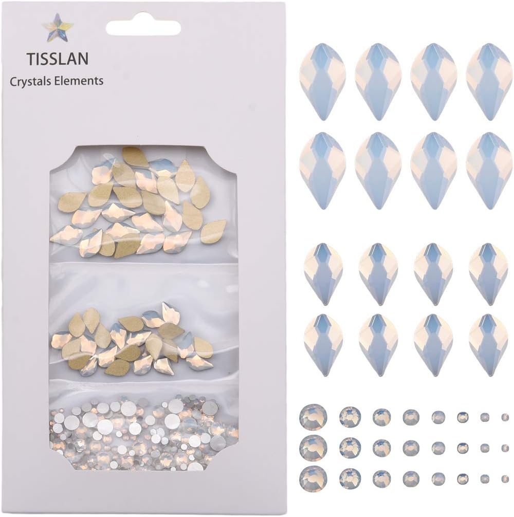 50pcs White Opal Nail Crystals 2 Size Flame Shape Rhinestones Design 480pcs Round Flatback Stones ss3 to ss20 Mix for Nail Art Decoration