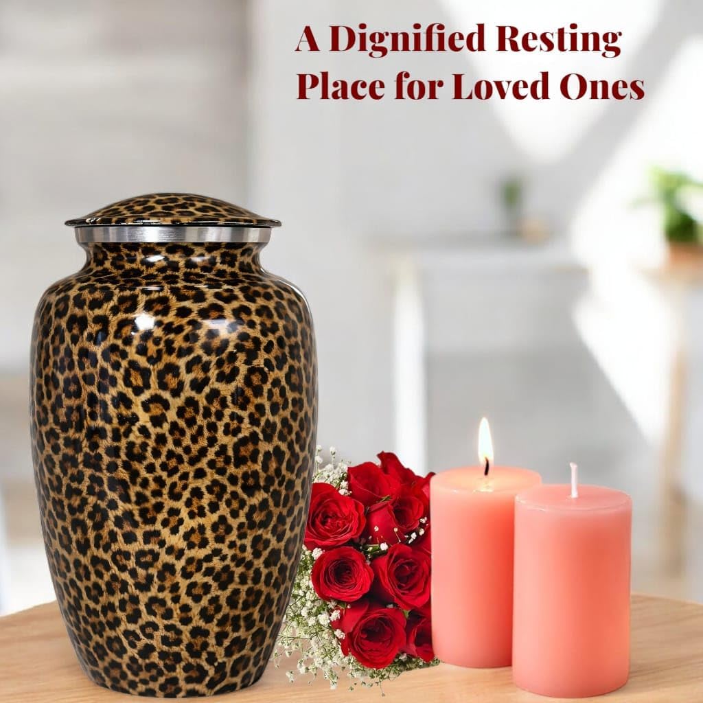 Leopard Print Cremation Urn for Human Ashes Set of 3 – Large Adult Funeral and Memorial Urn with 2 Keepsake Mini Urns – Decorative urn for Burial or Home Display Included Valvet Bag