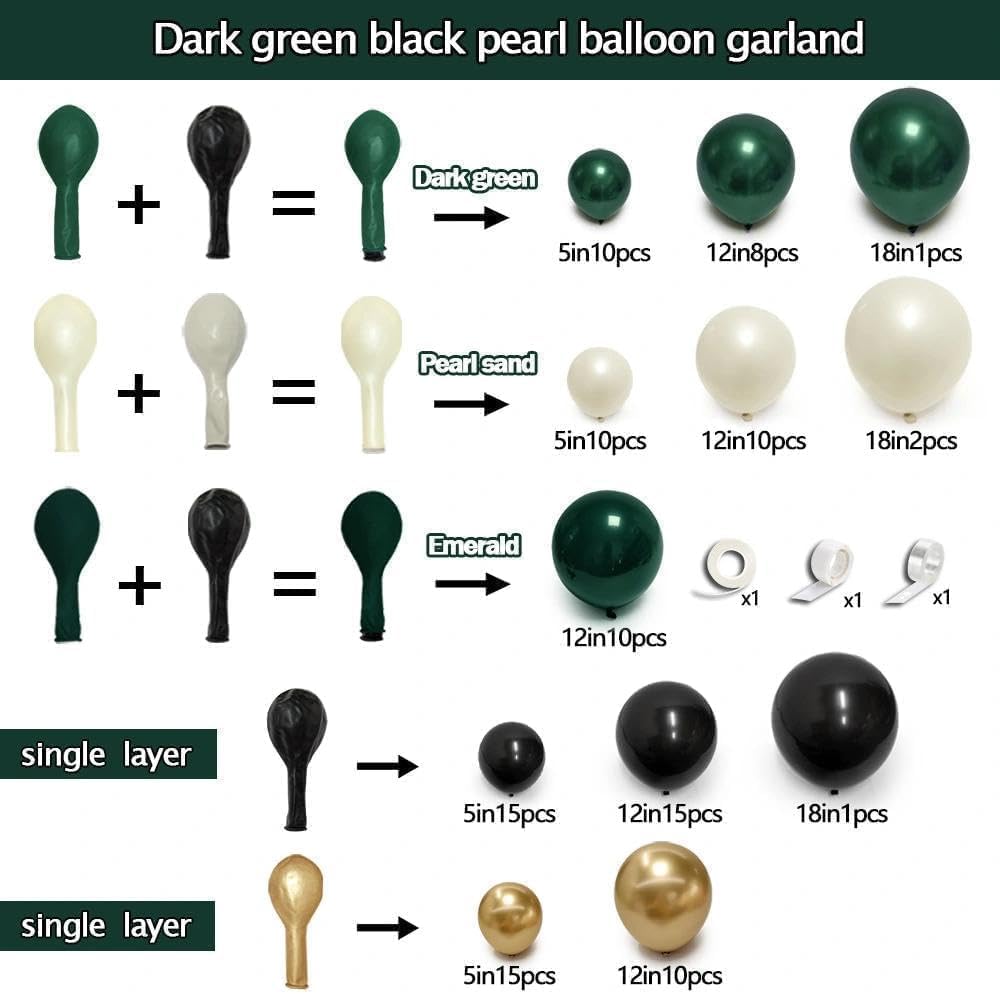 Dark Green Black Balloon Arch Double Stuffed Emerald Hunter Green, Pearl White Sand Gold Balloon Garland Kit for Birthday Graduation Wedding Anniversary Bridal Baby Shower Party Decoration
