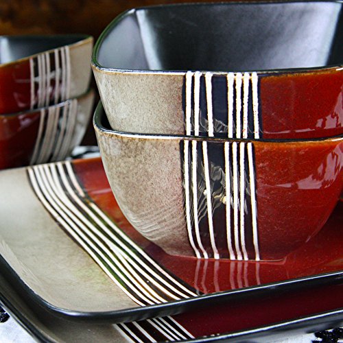 Elama Square Stoneware Loft Collection Dinnerware Dish Set, 16 Piece, Red And Tan With White Accents #TOP3