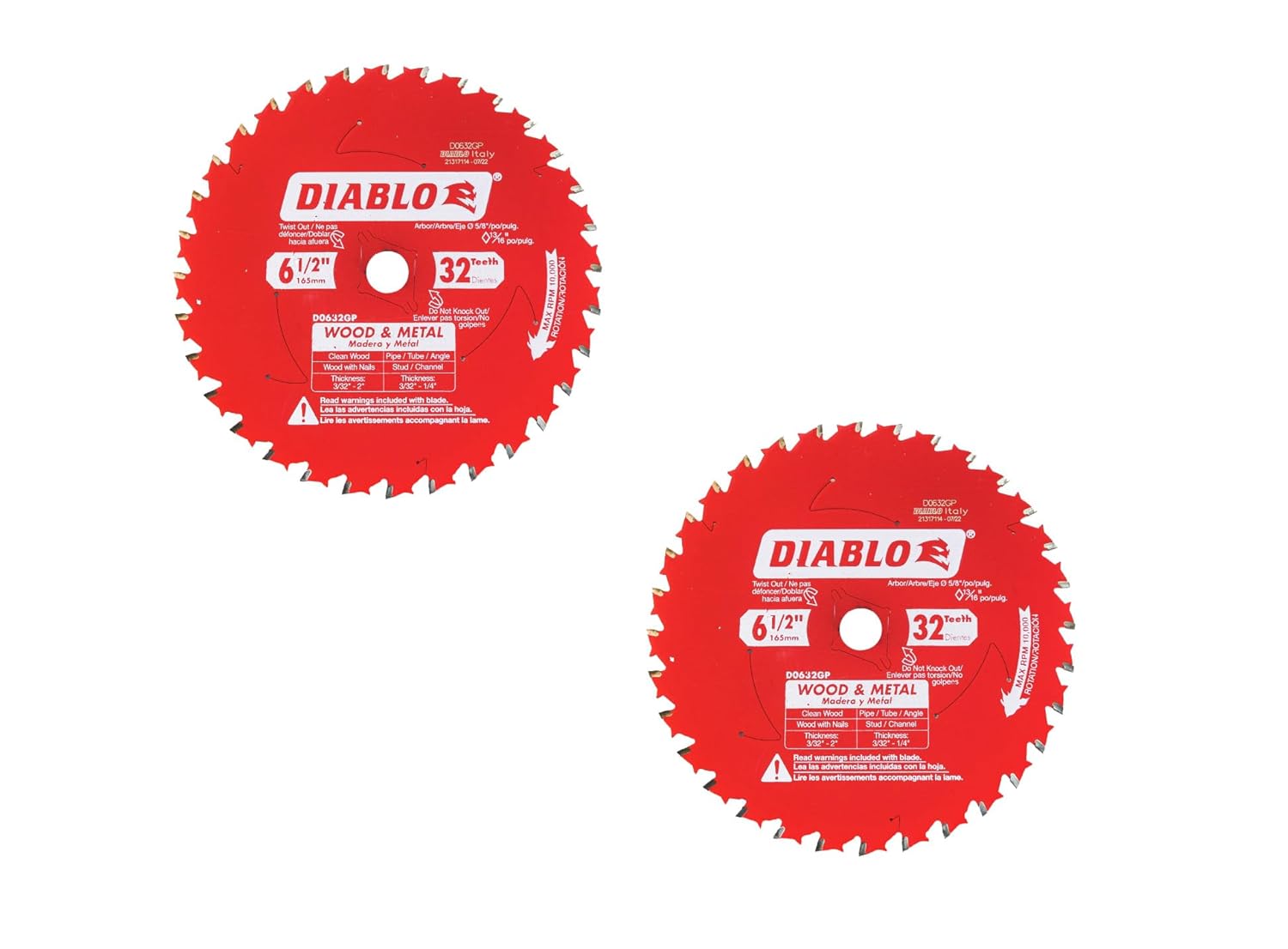 Diablo D0632GPA Carbide Saw Blade for Wood and Metal with Chamfered-Alternate Top Bevel Teeth and Tri-Metal Shock-Resistant Brazing (6.5-Inch Diameter, 2-Pack)