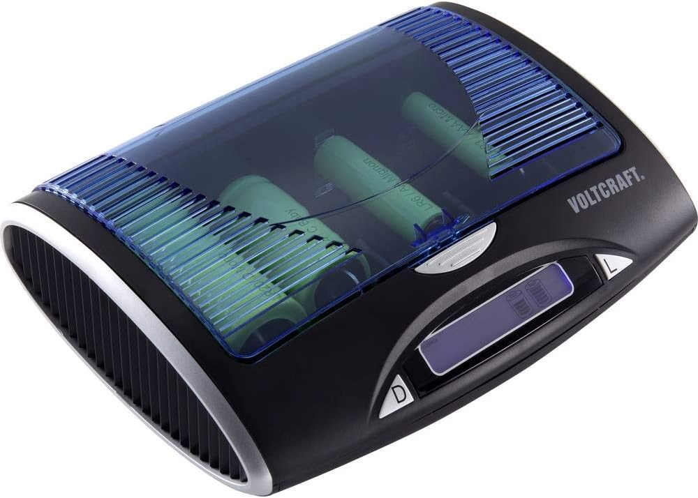 VOLTCRAFT P-600 charger with AA and AAA batteries inserted, viewed from an angle.