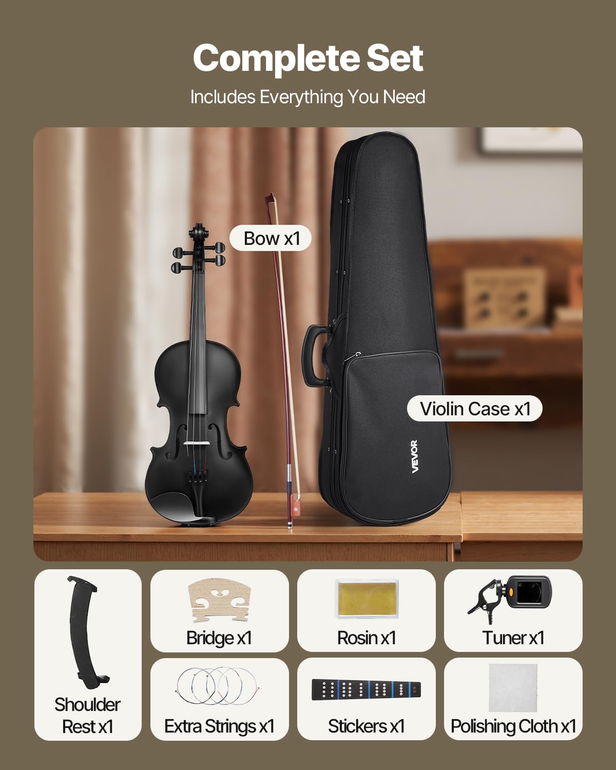 VEVOR Violon 4/4, Kit Violon Débutants Bois Massif avec Étui, Colophane, Archet, Épaulière, Chevalet, Accordeur, Cordes de Rechange, Instrument de Musique Professionnel pour Étudiants, Adultes, Noir