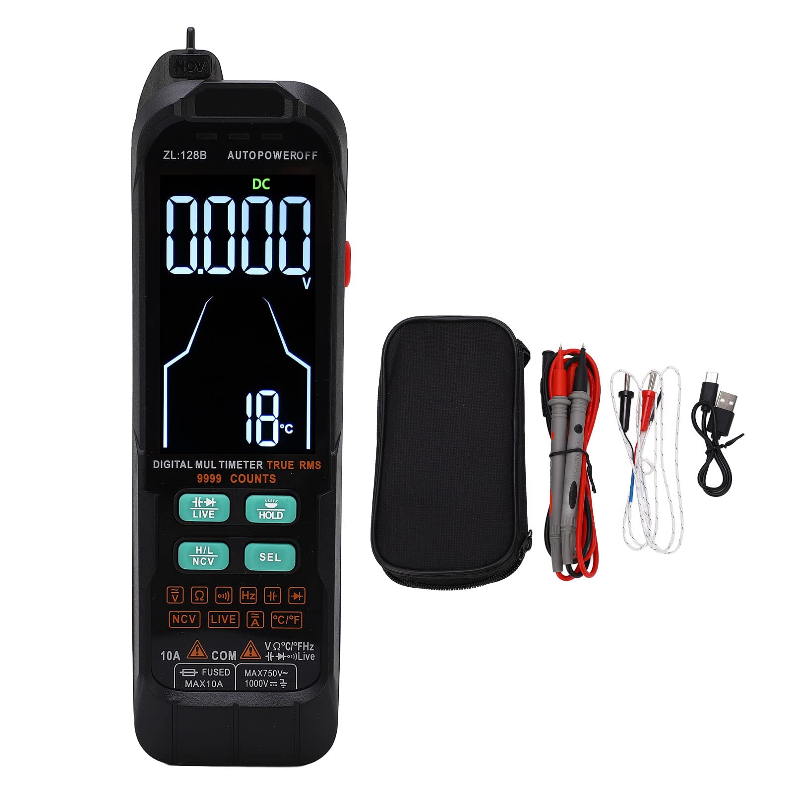 Digitales Multimeter, tragbar, großer Bildschirm mit Hintergrundbeleuchtung, 1000 mAh, Strom- und Spannungsmesser, 0–1000 V, automatischer Bereich, sichere schnelle Messung für