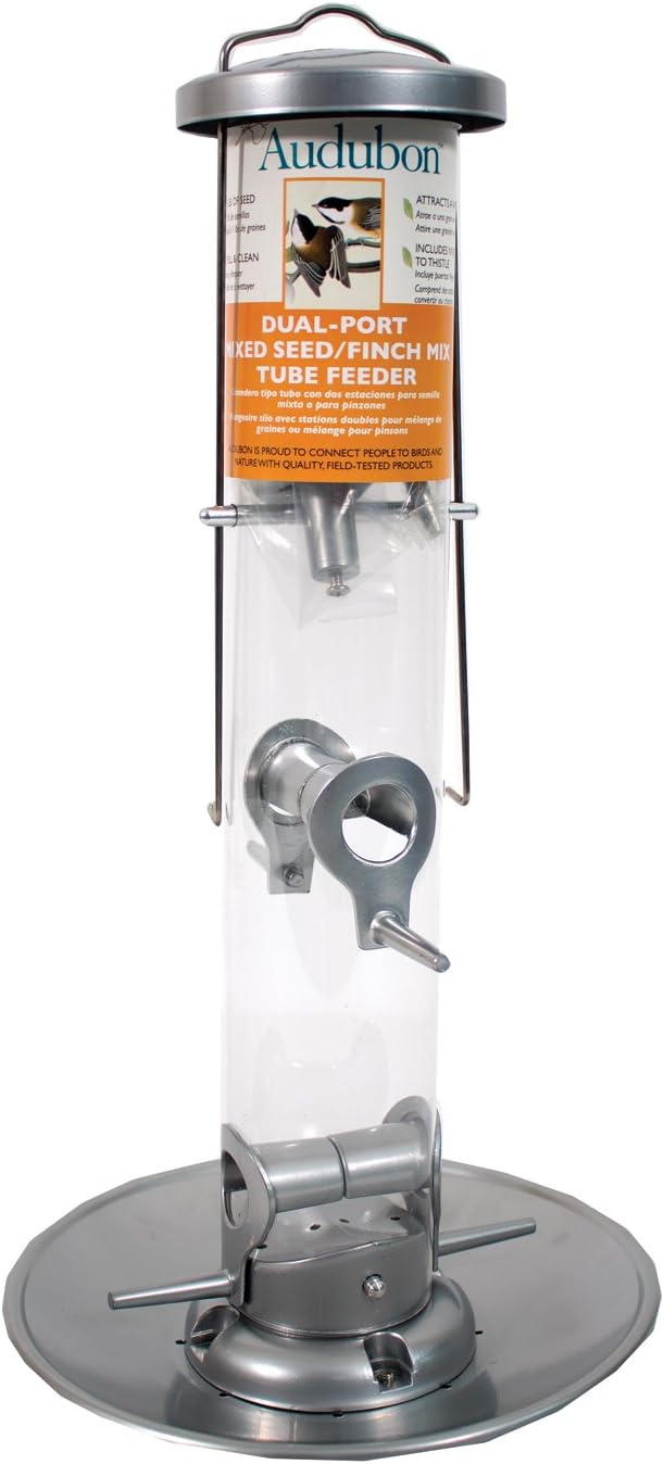 Woodlink NASIL Audubon Silver Tube Wild Bird Feeder with Tray, 16.5-Inch