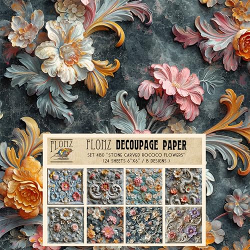 Decoupage Paper Pack (24 Sheets 6"x6") Stone Carved Rococo Flowers # Vintage Styled Pattern Paper for Decoupage, Craft and Scrapbooking
