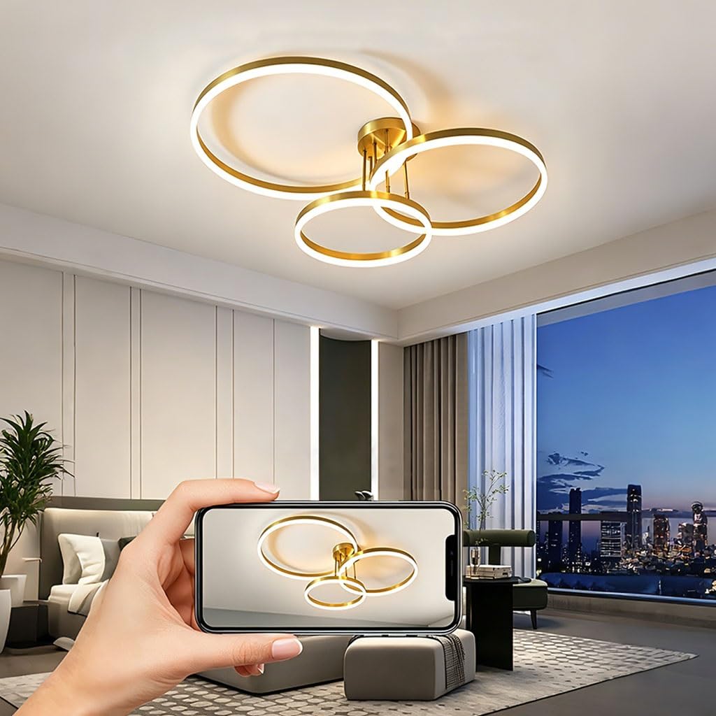 Nowoczesna Złota Lampa Sufitowa LED Wpuszczana 3-pierścieniowa Ściemnialna Lampa Sufitowa Z 3 Kolorami Minimalistyczna Lampa Sufitowa Do Salonu Sypialni Kuchni I Korytarza(Gold)