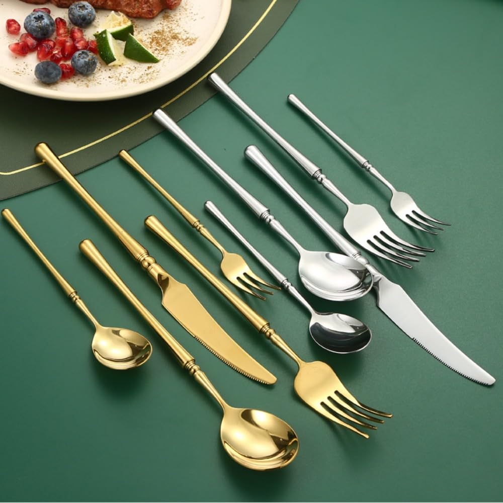 Luce Luminosa Manico Cucina Acciaio Inox Argenteria Stoviglie Posate Set Bistecca Coltello Forchetta Cucchiaio Cucchiaino (Oro,20 pezzi)