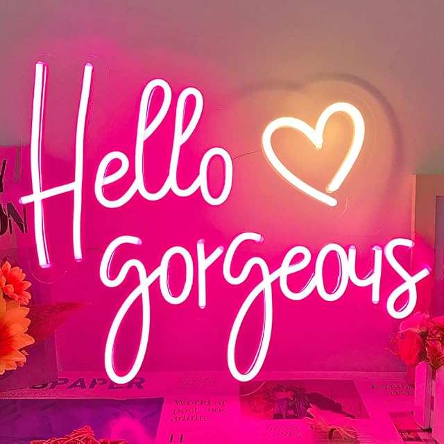 Hello Gorgeous Neon Sign for Bedroom, Wall Decor, Neon Light with Dimmer Switch for Home, Room, Birthday, Art, Bar, Neon Light Sign for Party, Women's Day Gifts, 16.7 x 12.9inch