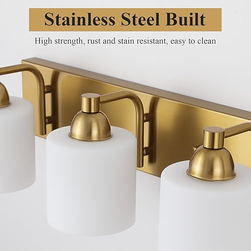 Miniatura 3 de Luces de tocador de vidrio de leche de acero inoxidable para baño, 3 lámparas de baño doradas claras sobre espejo, enchufes E26 de cerámica montados