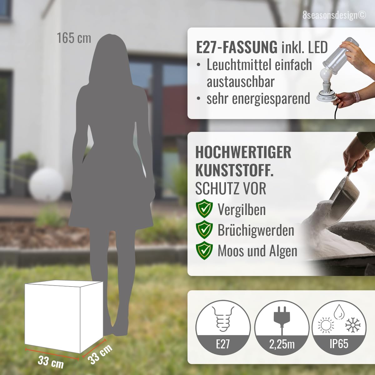 8 seasons design Shining Cube LED Würfel (33cm) weiß, E27, warmweißes Licht, Leuchtwürfel für außen und innen, Würfelleuchte als Deko, Tisch oder Hocker