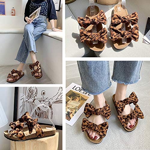 Eccbox Womens Leopard Slide Sandals Soft Cork Footbed Slip On Slides With Arch Support Leather Knot Bow Sandal Slippers (Leopard, Numeric_8) #TOP2