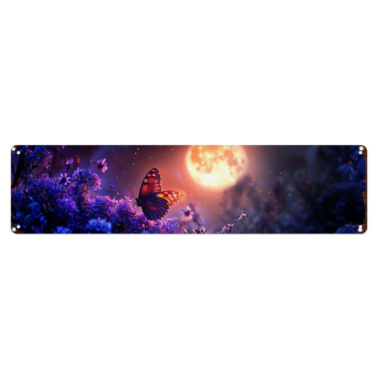 Butterfly Moonlit Purple Flower Scene Metal Tin Sign Plaque