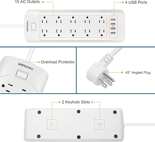 Miniatura 4 de WANDOFO Regleta de alimentación de cable extralargo de 15 pies, tira de salida USB inteligente de 5 V 3.4 A, 10 tomas de corriente ampliamente