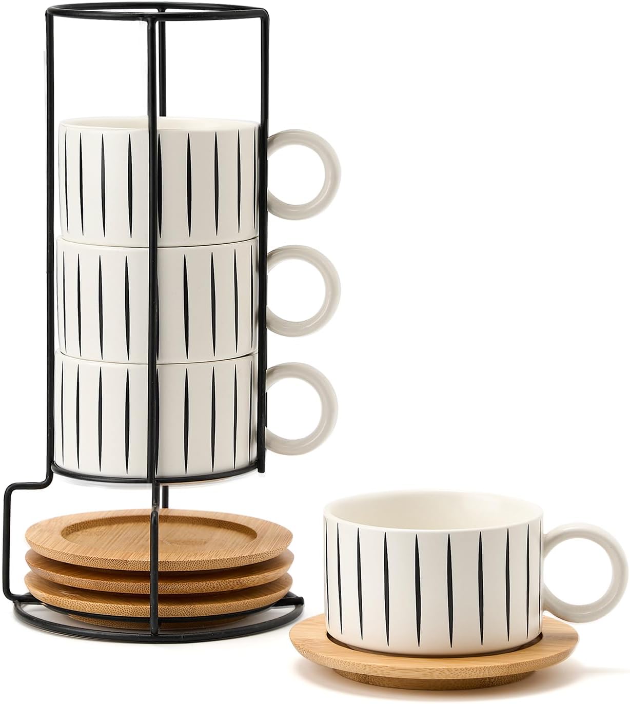LUKA 6 Ounce Porcelain Stackable Espresso Cups with Saucers and Metal Stand Set of 4, Ceramic Cappuccino Cups Set for Specialty Coffee Drinks, Latte, Cafe Mocha and Tea, Stripes, White LUKA 6 Ounce Porcelain Stackable Espresso Cups with Saucers and Metal Stand Set of 4, Ceramic Cappuccino Cups Set for Specialty Coffee Drinks, Latte, Cafe Mocha and Tea, Stripes, White