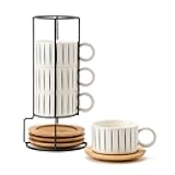 LUKA 6 Ounce Porcelain Stackable Espresso Cups with Saucers and Metal Stand Set of 4, Ceramic Cappuccino Cups Set for Specialty Coffee Drinks, Latte, Cafe Mocha and Tea, Stripes, White