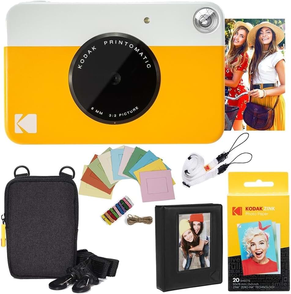 Kodak: Paquete cámara instantánea Printomatic (Amarilla) + Papel Zink (20 Hojas) + Funda álbum de Fotos + Marcos para Colgar + cómoda