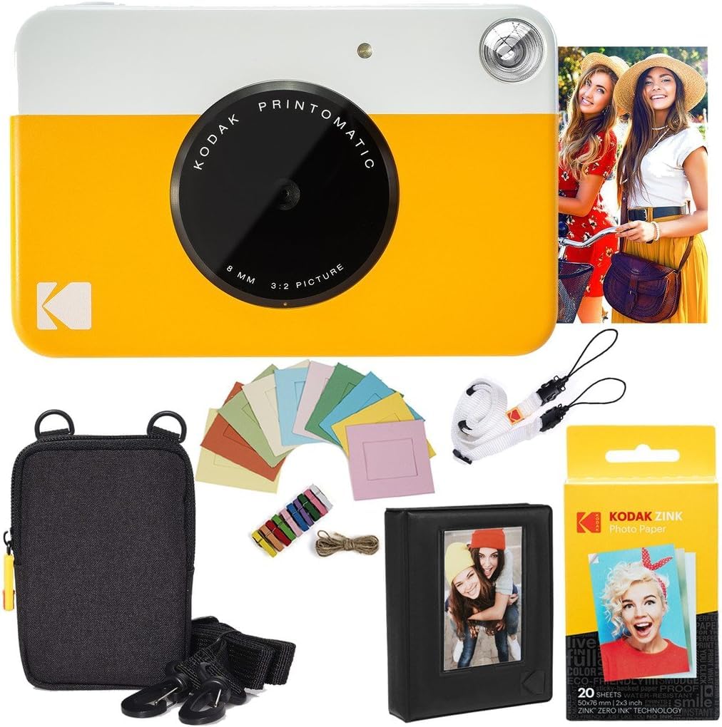 Kodak Printomatic Instant Camera Bundle (Yellow) Zink Paper (20 Sheets) - Case - Photo Album - Hanging Frames.