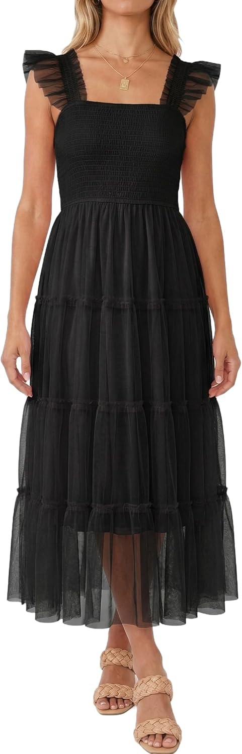 Naggoo Women's Summer Tulle Wedding Guest Dress Smocked Square Neck Ruffle Flowy Mesh Midi Dresses