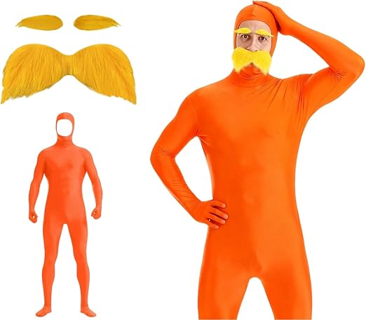 Costume Complet Orange Slenderman/Lorax – Combinaison Intégrale, Barbe, Sourcils, Pour Carnaval, Cosplay, Halloween, Visage Ouvert, Unisexe