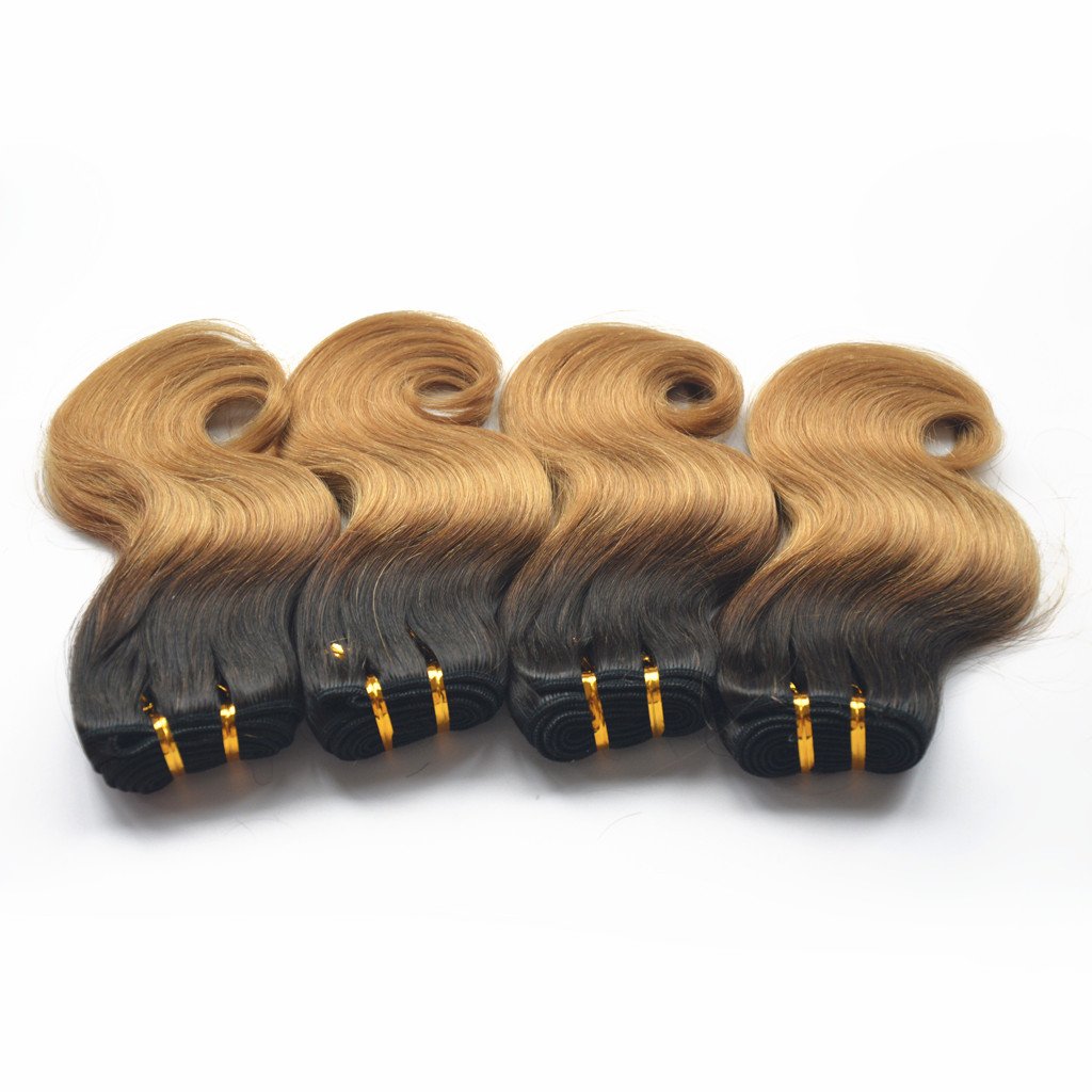 4 Bundles of Body Wave Brazilian Ombre Hair Two Tone Human Hair Extensions Short Bob Weaves 50g/pc 200g/set (1B/27)