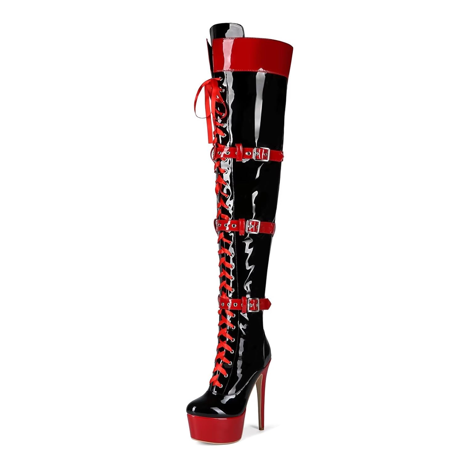 Frankie Hsu Sexy Stiletto Platform High Heel Over The Knee Long Boots Black Red Patent Ribbon Belt Adjustable