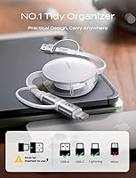 Vista 9 de LISEN Cable retráctil de carga rápida 5 en 1 para iPhone, iPad, Samsung - Cargador de 60 W con puertos USB-C/A para teléfonos, tabletas, blanco