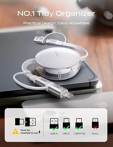 Miniatura 9 de LISEN Cable retráctil de carga rápida 5 en 1 para iPhone, iPad, Samsung - Cargador de 60 W con puertos USB-C/A para teléfonos, tabletas, blanco