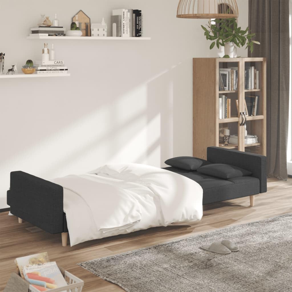 Sofá cama de 2 plazas, color gris oscuro, 220 x 84,5 x 69 cm, marco de madera, moderno con 2 cojines, función plegable, poco espacio, para sala de estar, dormitorio de invitados, oficina
