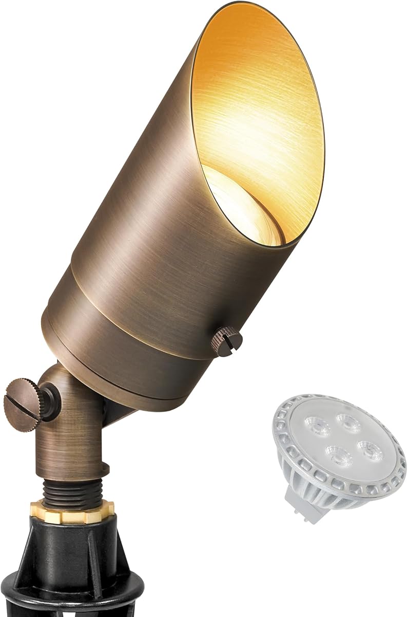 Solid Brass Spotlight Low Voltage Landscape Lighting, LED Outdoor Lights for Garden Patio Yard, Directional Up Light with 5W MR16 Bulb, 12V 2700K Warm White