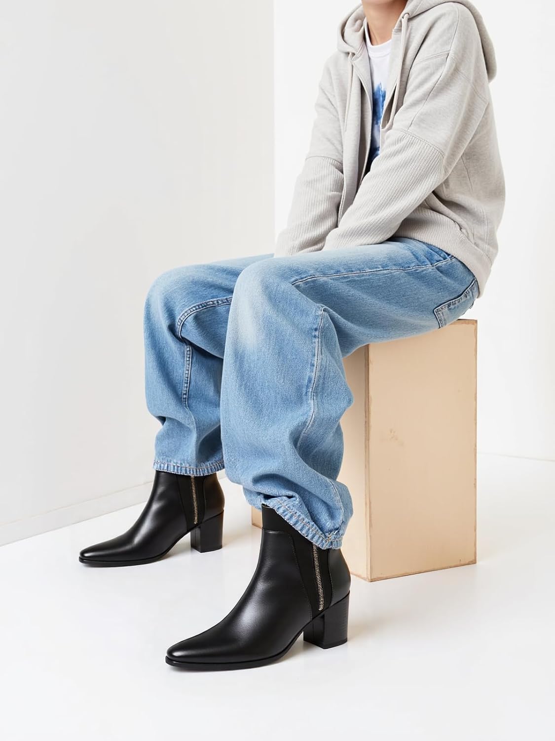 Rui Landed Ankle Boot for Men Heeled High Top Chelsea Boots Slip On Style Genuine Leather Dual Side Zipper Taller Shoes Splicing Collar Easy Care Mens Heeled Boots