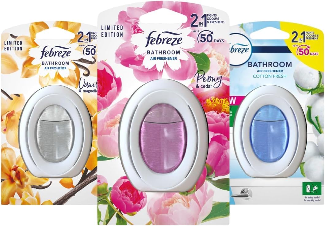Febreze Bathroom Air Freshener Odour Eliminator Gel - Vanilla & Magnolia, Peony & Cedar, Cotton Fresh Scents - Box of 3