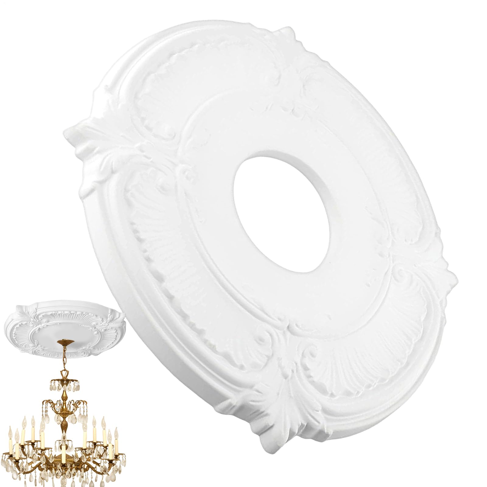Médaillon de plafond décoratif pour masquer les défauts et sublimer un lustre de cuisine