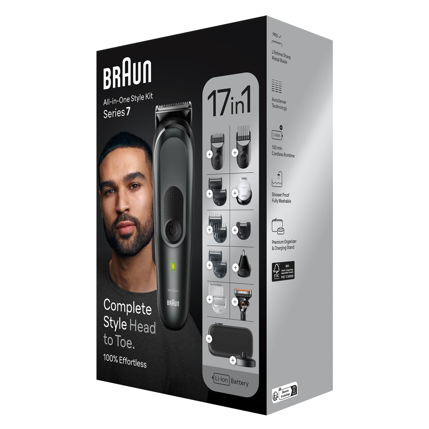 Braun MGK7491 - Kit de estilo 17 en 1 para barba, cuerpo, cabello con ProBlade, autonomía de 100 min, organizador, color gris