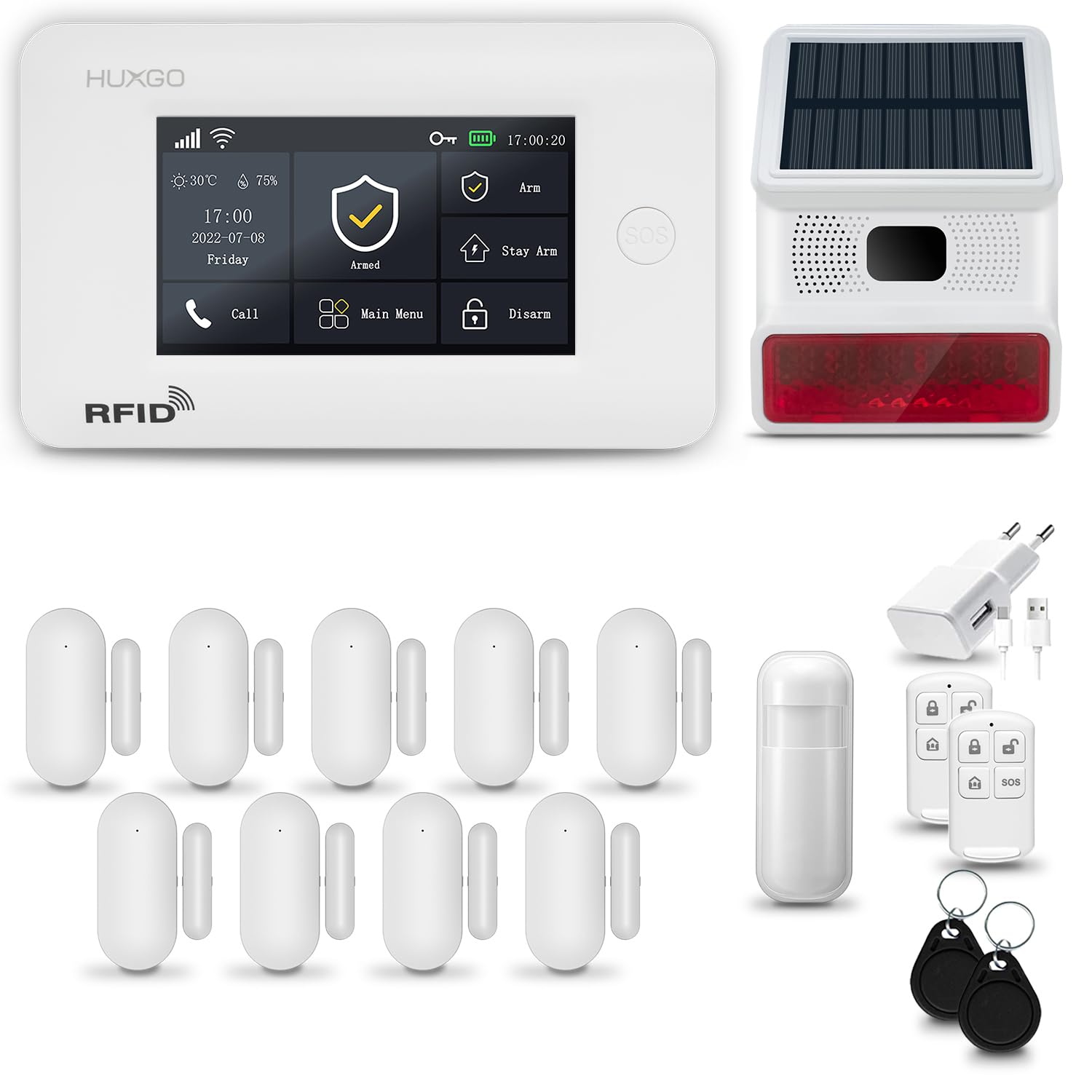 HXA006 Allarme casa senza fili WiFi + GSM 4G con wireless Sirena solare | Kit allarme con 1x rilevatore di movimento, 9x sensori per porte e finestre, telecomando | Compatibile con TUYA